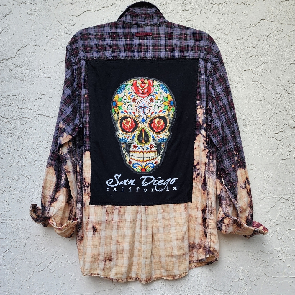 Designer Button Down Shirt Duster Cover-up Scull Floral Flannel Upcycled